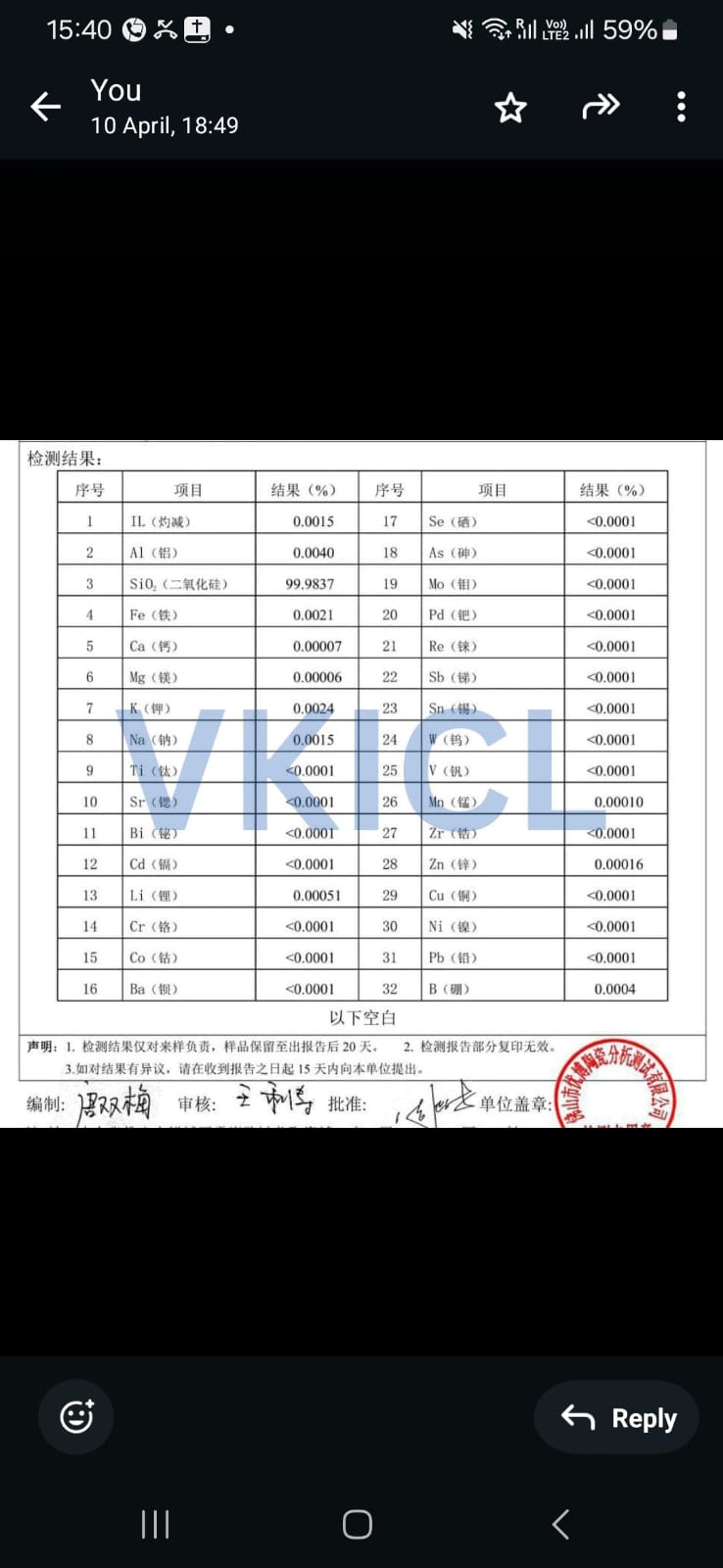 化学分析証明書 — SiO₂ 99.98%+